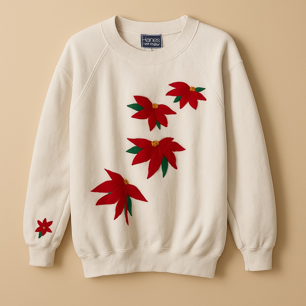 Vintage Handmade Poinsettia Applique Sweatshirt XL Hanes USA Christmas